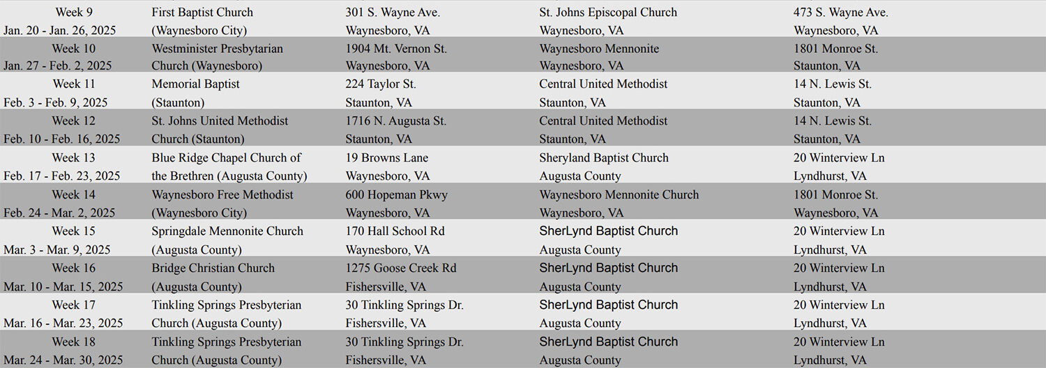 2025 Cold Weather Shelter Schedule